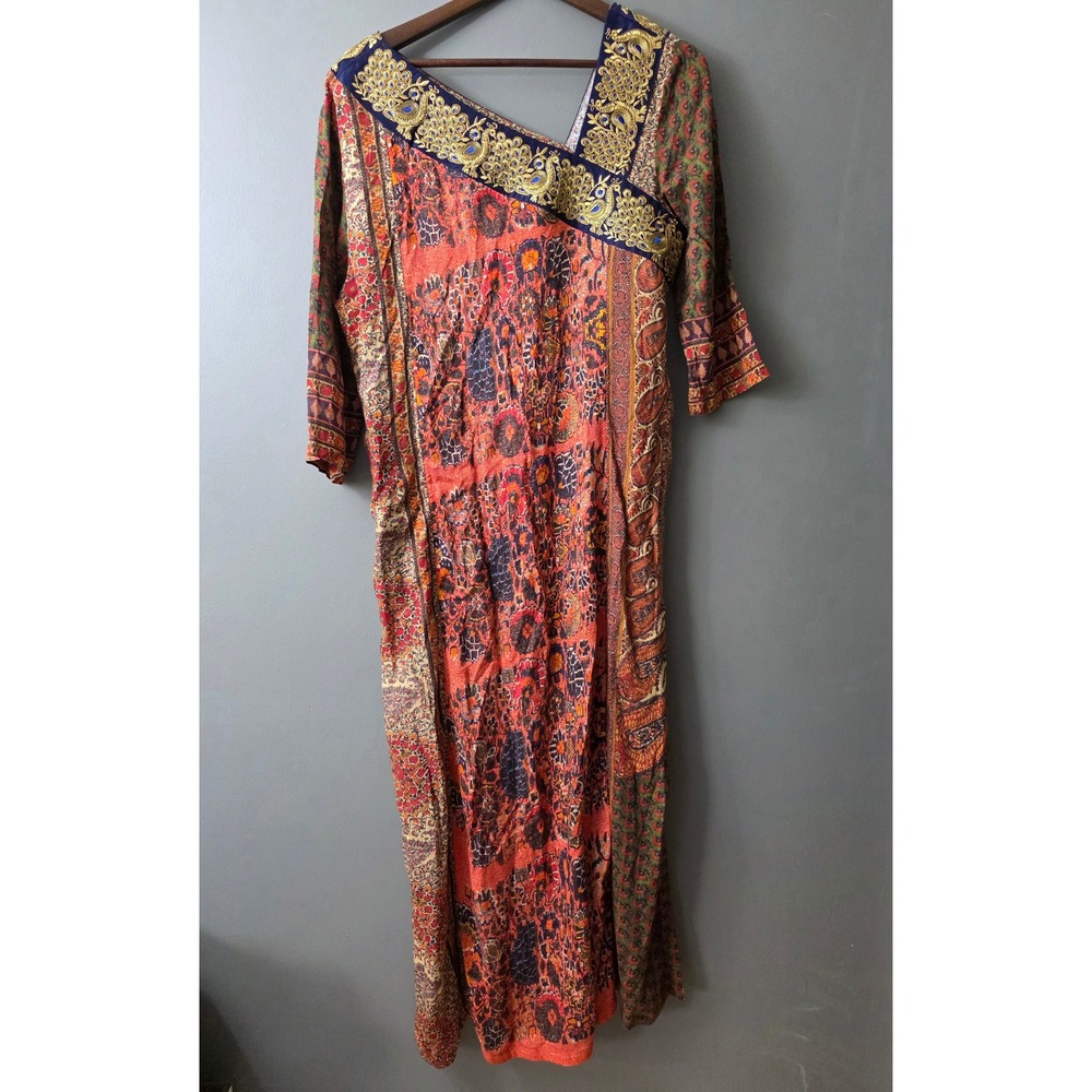 Soft Surroundings Peacock Embroidered Asymmetrical Maxi Dress Orange Paisley M
